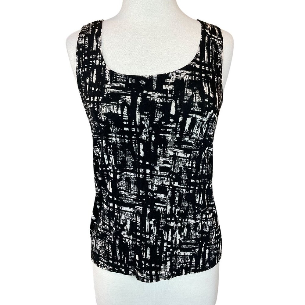 Chicos Travelers Black & White Abstract Sleeveless Scoop Neck Tank Small